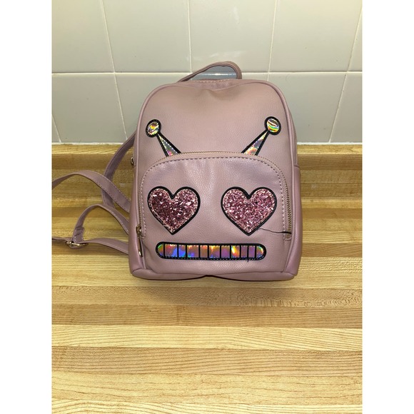 Mini Backpack Pink Robot Heart Eyes Glitter - Picture 1 of 9